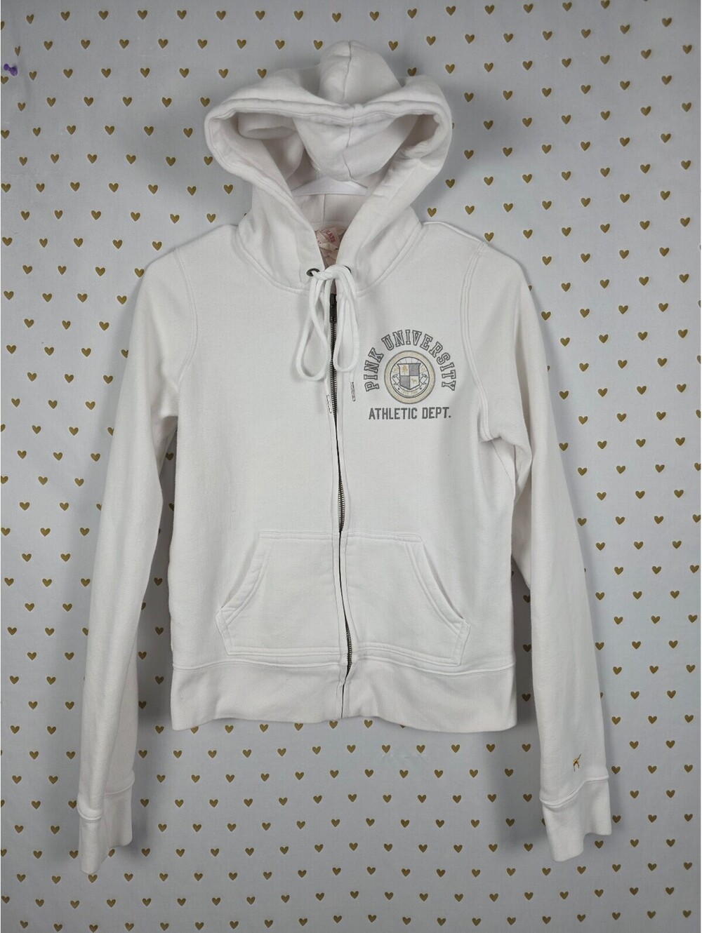 Victorias Secret Pink VINTAGE White University Full Zip Hoodie Jacket MEDIUM